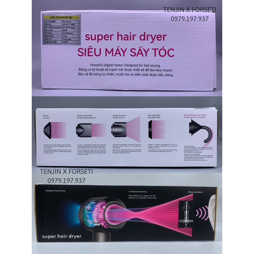 Máy Sấy Tóc FORSETI Supersonic Ion Âm Tốc Độ Cao 2 Chiều Nóng Lạnh, Thiết Kế Không Cánh Quạt Kèm 5 Đầu Sấy