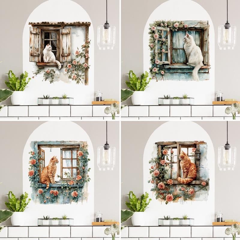 Dán Tường Mèo Windowsill - Hoa Hồng & Đề Can Cửa Sổ Giả Cho Phòng Khách Sofa Nền Tường & Trang Trí Phòng Trẻ Em