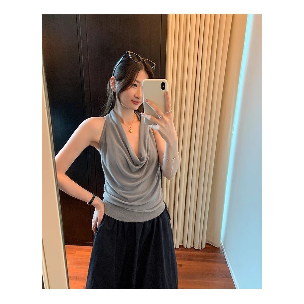 Milyfashion Áo sơ mi form rộng màu cà phê retro thắt nút cổ dây ngắn, phù hợp thời trang mùa hè