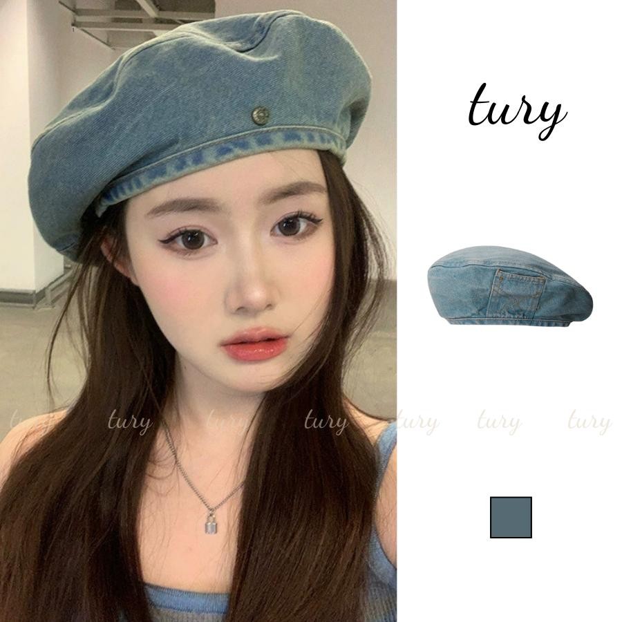 Mũ Beret Unisex Nam Nữ - Tury - Nón Nồi Tone Xanh Jean Phối Khuy - MN062
