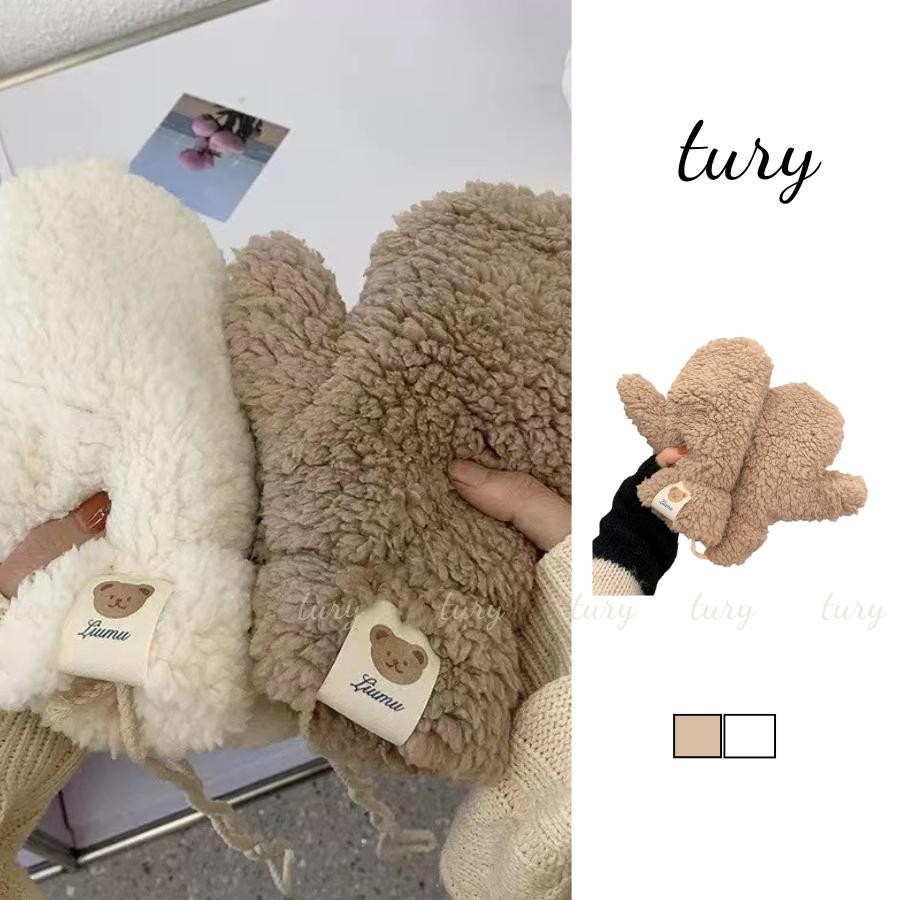 Găng tay Unisex Nam Nữ - Tury - Bao Tay Len Lông Cừu Đính Tag Mặt Gấu - GT057