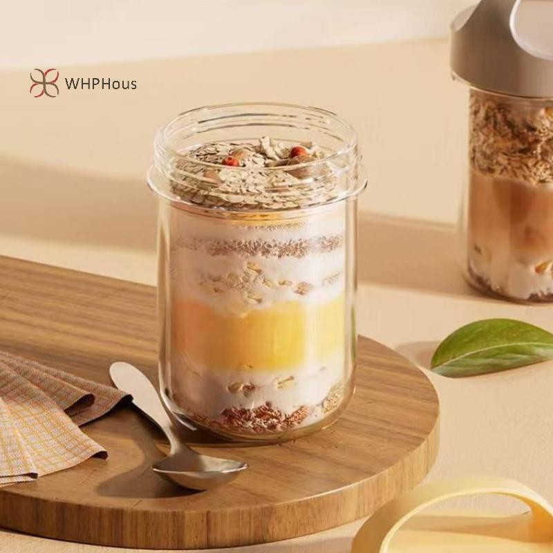 < WHPHous-t > 430ML Cốc ăn sáng mới Bột yến mạch Ngũ cốc Hạt Sữa chua Salad Cốc thủy tinh chống rò rỉ Hộp đựng yến mạch có nắp Thìa Hộp bảo quản thực phẩm