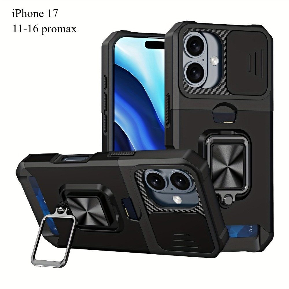 Ốp điện thoại bền, chắc chắn cho iPhone 17 16 15 14 13 12 11 Pro XS Max Mini Plus, ốp cứng chống sốc, có chân đế kim loại và khe cắm thẻ