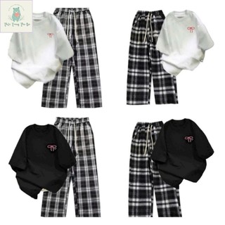 [ Hàng Mới ] Sét Bộ Quần Kẻ caro+ mix áo phông form rộng -nơ AN PHA in ngực-