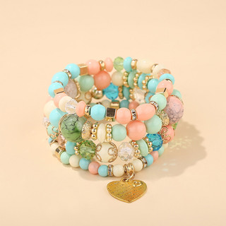Vòng tay bohemian dân tộc nhiều lớp pha lê màu đào hình trái tim - Trang sức nữ