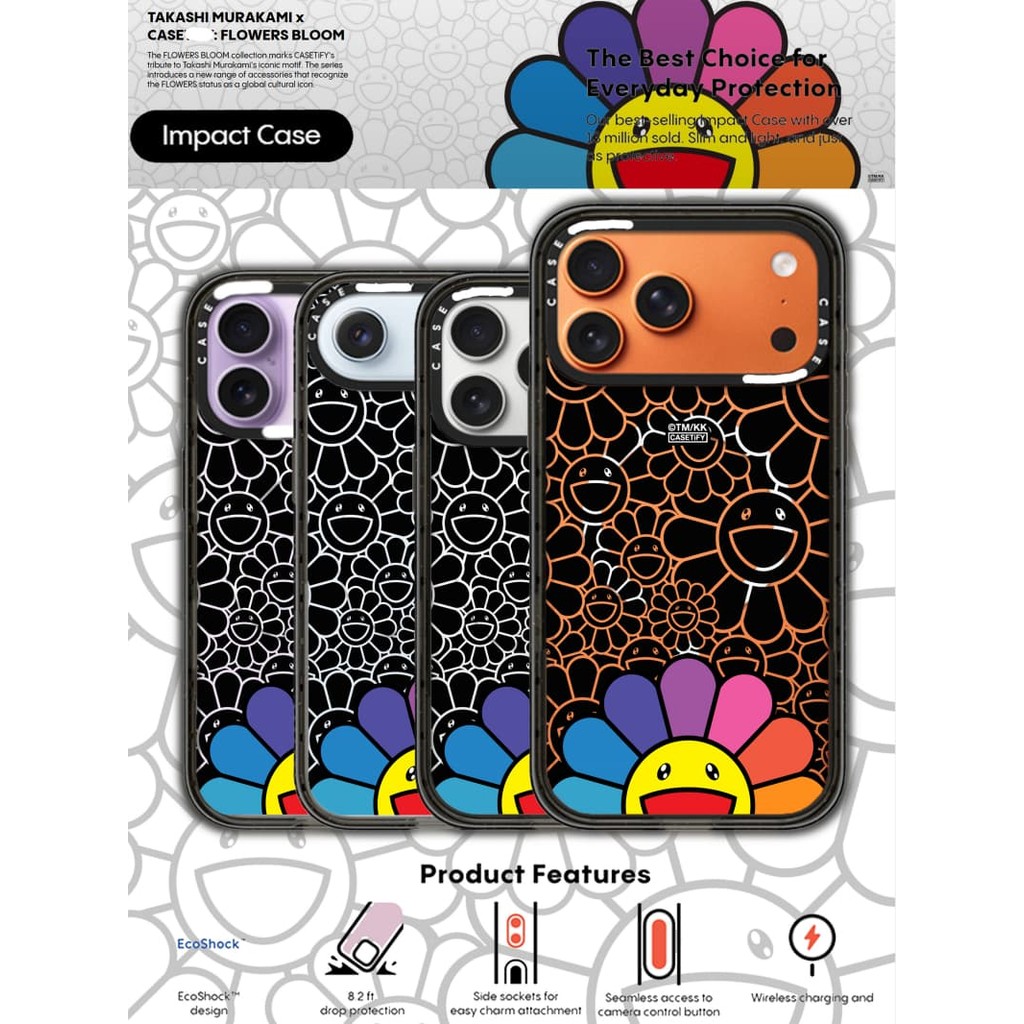 TAKASHI MURAKAMI x CASECASE: FLOWERS BLOOM SMILE (RAINDOW) Vỏ tác động hút từ tính cứng trong suốt cho Apple IPhone 12 13 14 15 16 17 Pro Max Air Plus có hộp