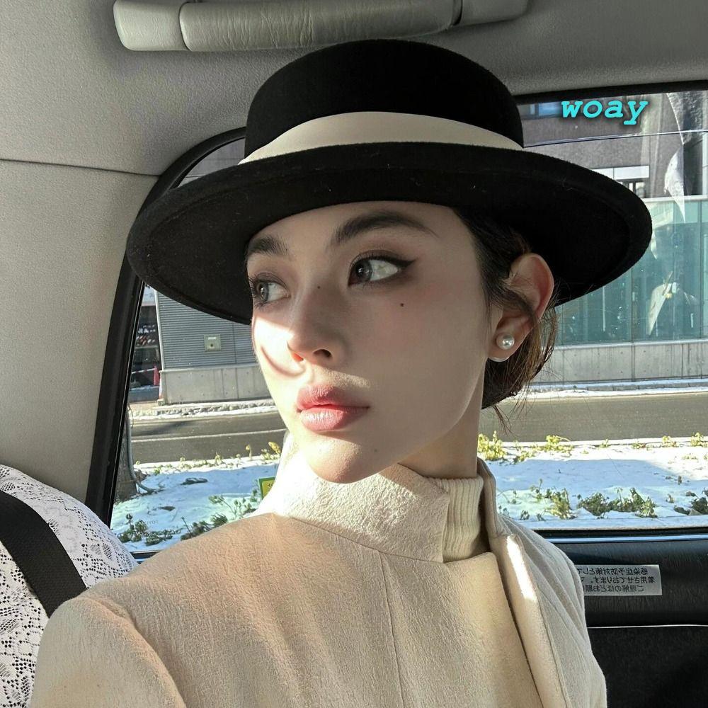 Mũ WOAY dành cho nữ, Mũ nỉ phẳng thanh lịch trang trọng, Mũ Fedora ấm áp vành rộng cổ điển cho bữa tiệc