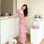 Váy yếm in hoa hồng hồng, giảm béo và thanh lịch, có eo ố dành cho nữ