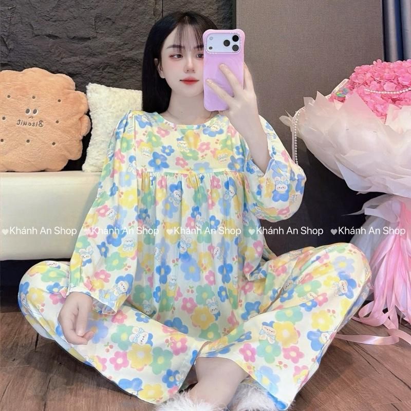 HÀNG CHUẨN Khánh An Shop Babydoll KA123 - Đồ Bộ Tole Lanh Nữ Mặc Nhà Áo Cổ Tròn Tay Dài Quần Dài Size M/L/XL E5