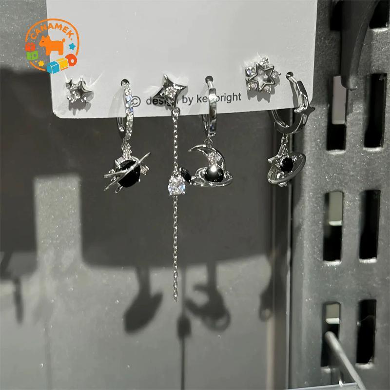 CANAMEK 6 CÁI BỘ Goth Punk Vintage Thẩm Mỹ Pha Lê Trái Tim Mặt Trăng Chữ Thập Ngôi Sao Mặt Dây Chuyền Bông Tai Dành Cho Nam Nữ Grunge Y2K Phụ Kiện Trang Sức CSF