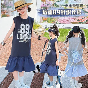 Đầm Không Tay Bé Gái Mùa Hè Phong Cách Mới Trẻ Em In Chữ Xù Khâu Váy Dài