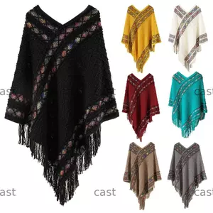 CAST Khăn choàng tua rua sọc hình thoi, Áo Poncho Mông Cổ ấm áp mùa đông phong cách dân tộc, Áo khoác phủ giả Cashmere đan quấn thời trang nữ