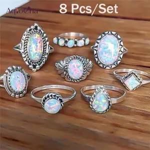 AqToCna 8 Cái / bộ Nhẫn Bạc Trắng Lửa Opal Nhẫn Cưới Đính Hôn Nhẫn Nữ Trang Sức AqToCna