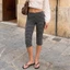 MAPLEPOET-Nữ Kẻ Sọc Capris Quần Co Giãn Eo Slim Fit Crop Quần Thường Ngày