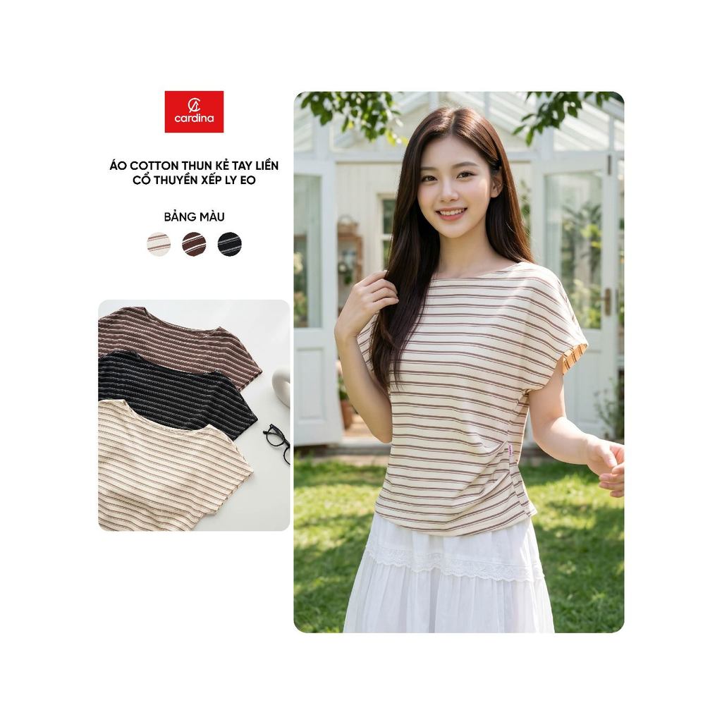 Áo thun nữ CARDINA Cotton thun kẻ tay liền cổ thuyền xếp ly eo 6ATC22