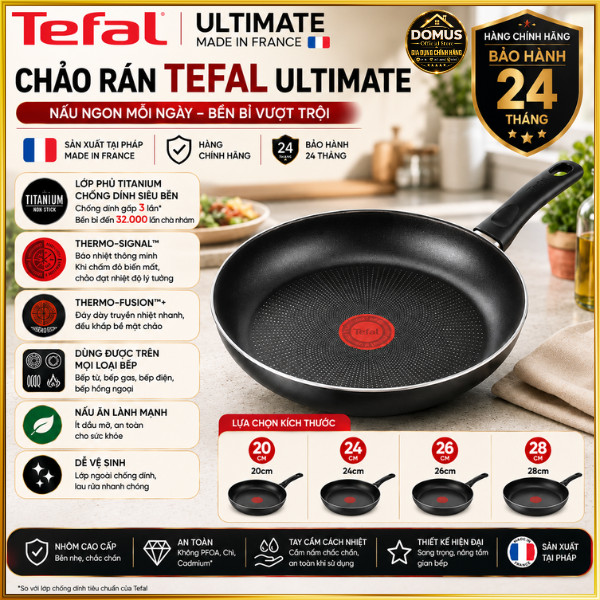 Chảo Rán Chống Dính Tefal Ultimate 20/24/26/28cm Titanium Dùng Cho Mọi Bếp, Hàng Chính Hãng Pháp
