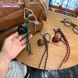 Đồ trang trí mặt dây chuyền túi BORAGETE, Móc khóa dây da Y2K nơ anh đào, Quà tặng dây buộc điện thoại di động trái tim thủ công thời trang