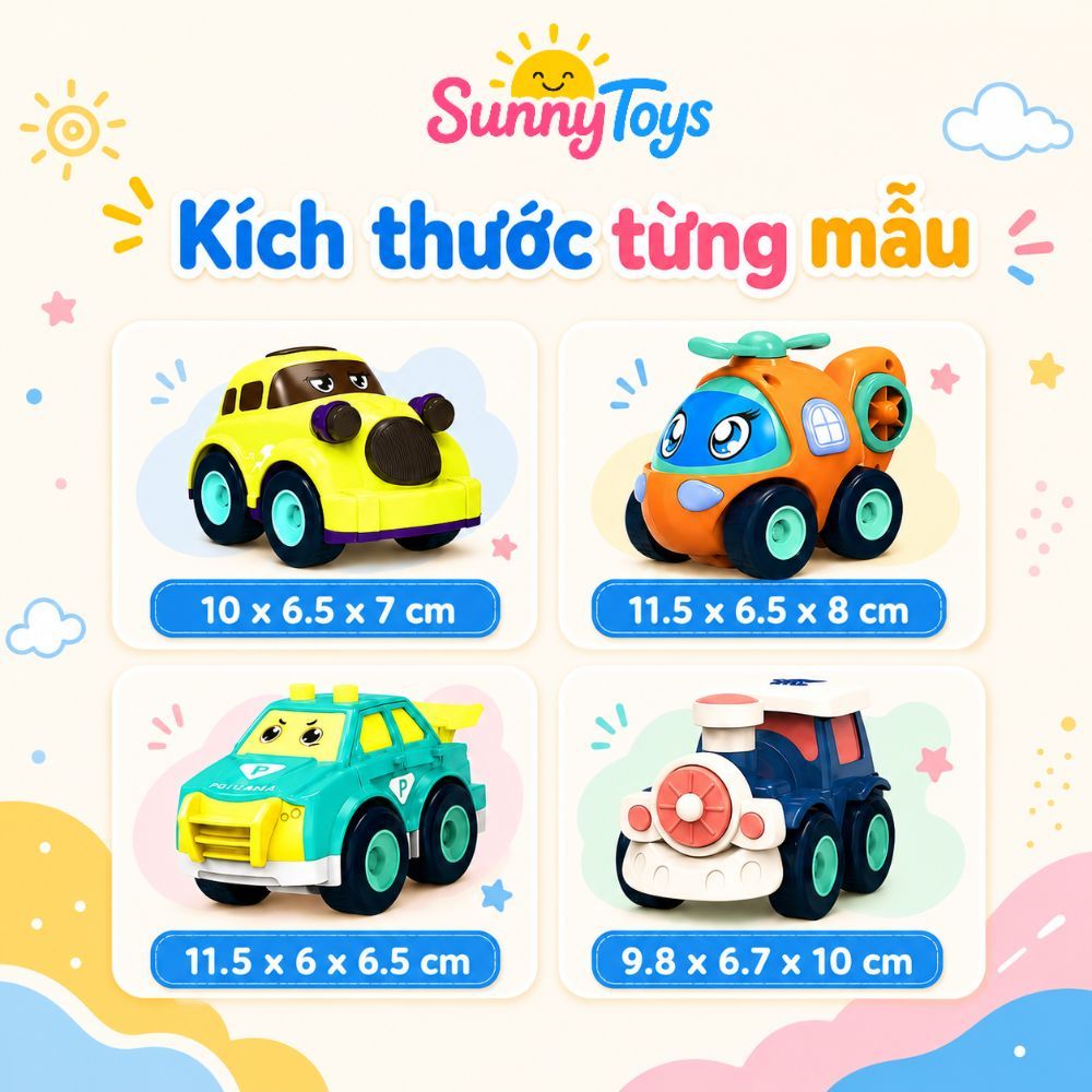 Set 8 Xe Cảnh Sát Quán Tính Không Dùng Pin SunnyToys - Bộ Ô Tô Mini Hoạt Hình Cho Bé Chơi Vui