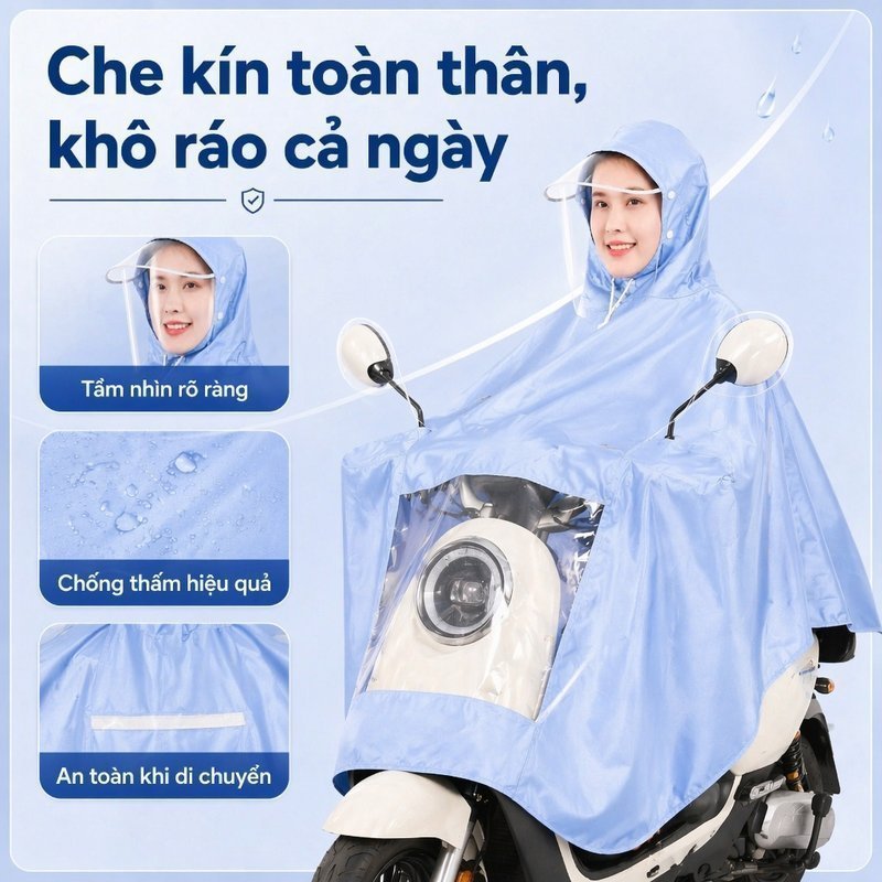 Áo Mưa Nữ Chống Thấm Vải Oxford Dày Dáng Rộng Che Kín Đi Xe Máy Xe Đạp Điện 2 Người