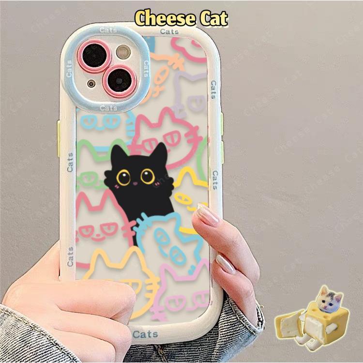 Ốp lưng mèo đen đường kẻ nhiều màu sắc cho iPhone 14 13 12 11 15 16 17 Pro Max XR 7 Plus Vỏ bảo vệ silicon có dây buộc