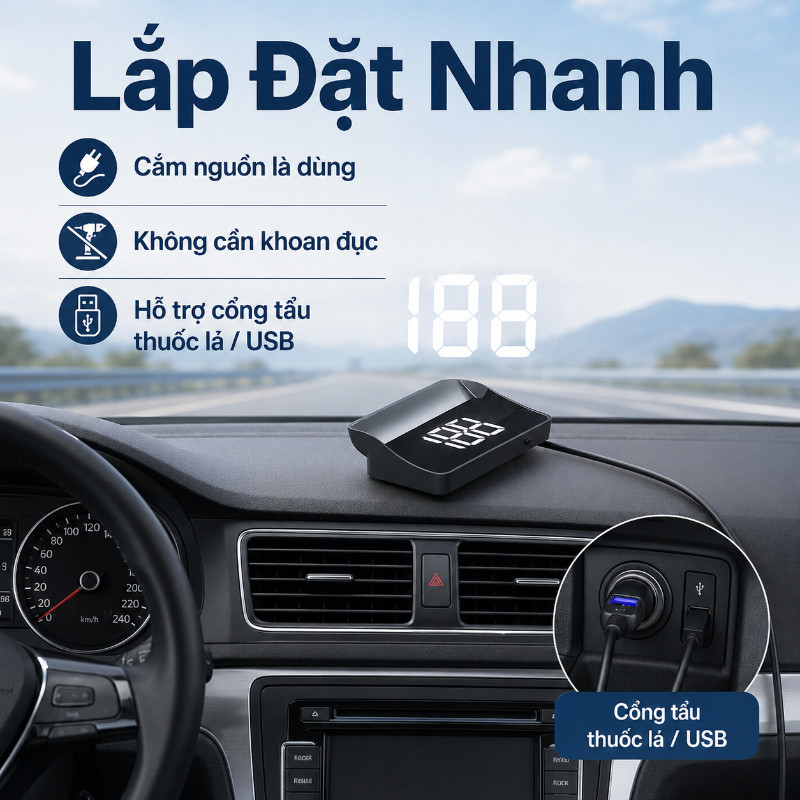 Màn Hình HUD Ô Tô Hiển Thị Tốc Độ GPS KMH – Màn Hình Đầu Lên Xe Hơi Phiên Bản 2025 Cao Cấp