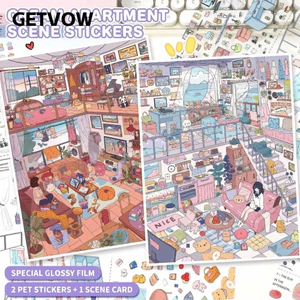 GETVOW Bộ sưu tập nhãn dán cảnh quan thu nhỏ, Nhãn dán cảnh quan PET thủ công DIY, 2 chủ đề Nhãn dán trò chơi đồ chơi DIY có thể tháo rời Hoạt động trẻ em