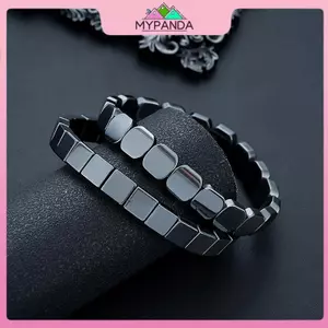 MYPANDA Vòng tay hạt vuông đàn hồi Hematite thời trang dành cho nam nữ.