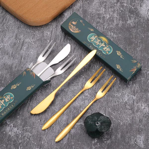 Bộ dao kéo bánh trung thu bằng thép không gỉ Golden Creative Fork Hộ gia đình Món tráng miệng Trái cây Chọn hai răng Đuôi nhọn Nĩa trái cây NGUI