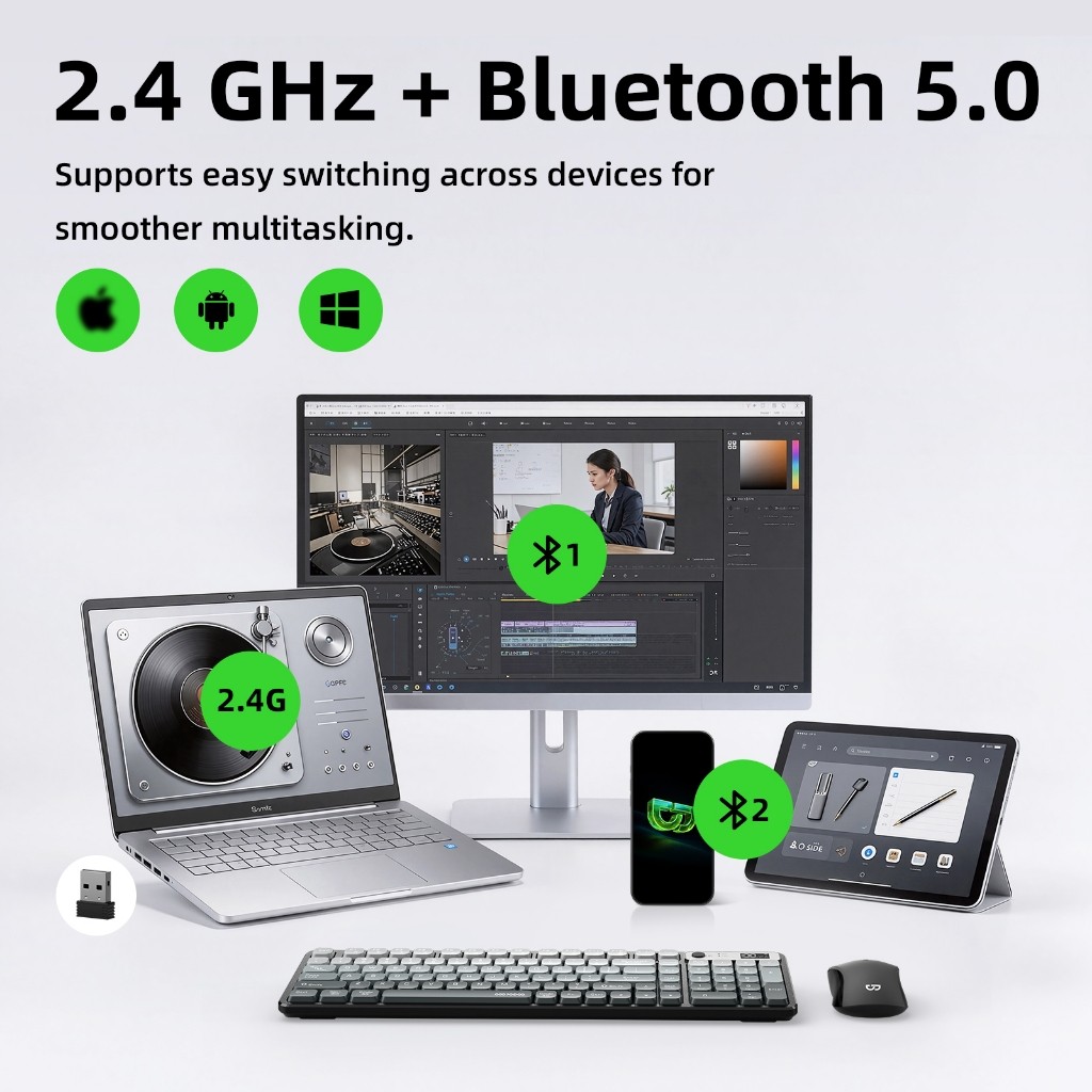 Bộ bàn phím không dây Bluetooth GOOJODOQ có bố cục 98% với bàn phím số, màu gradient thanh lịch, 2.4G + Bluetooth, hoạt động im lặng và thời lượng pin 27 giờ. | BigBuy360 - bigbuy360.vn