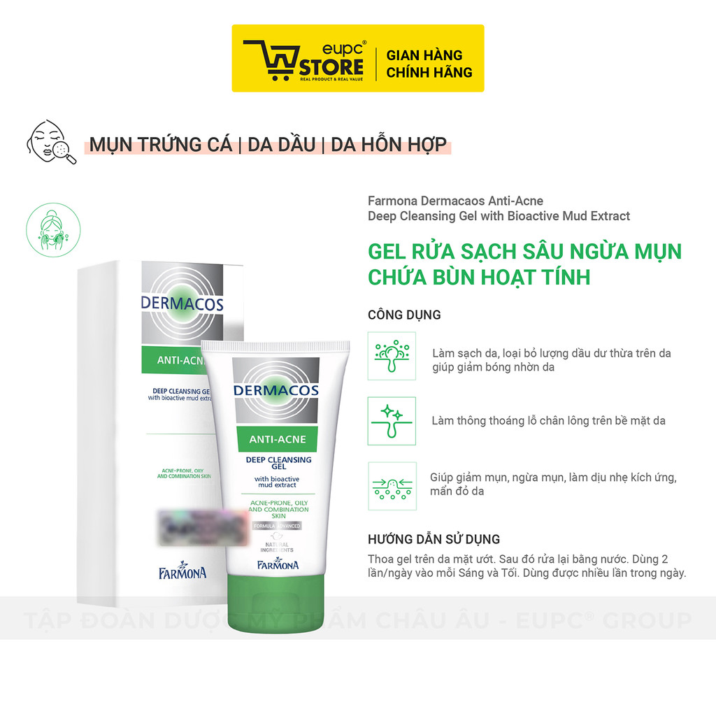 Sữa Rửa Mặt Farmona Dermacos Anti-Acne 150ml Dạng Gel Sạch Sâu Giảm Mụn Chứa Bùn Hoạt Tính Cho Da Hỗn Hợp, Nhạy Cảm