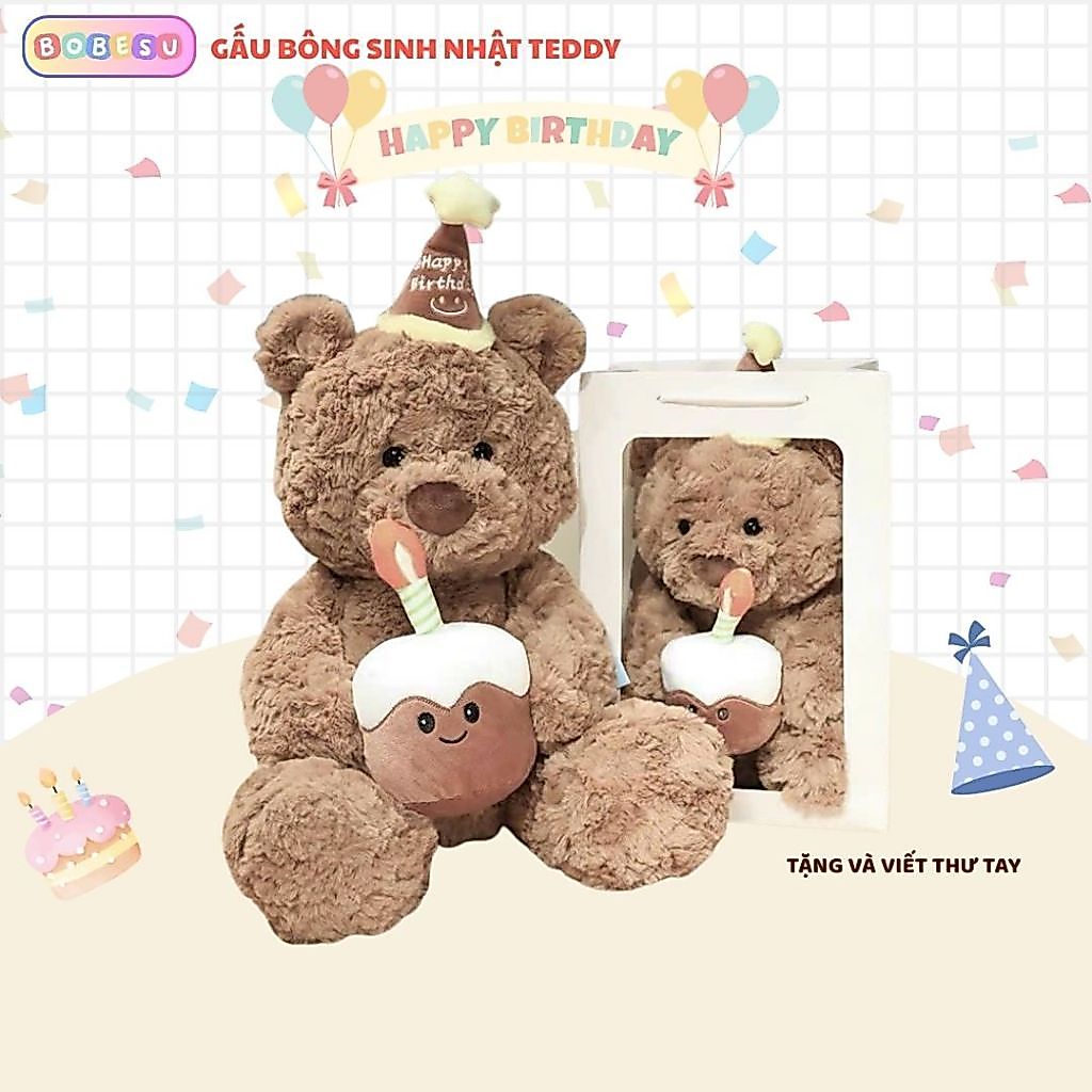 Gấu Bông Sinh Nhật Teddy Đội Mũ Happy Birthday Ôm Bánh Quà Tặng Sinh Nhật Ý Nghĩa Cho Mọi Người, Bobesu