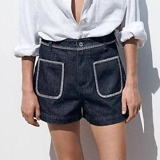 Quần short Zara made in Morocco jean sậm không mài viền chỉ trắng