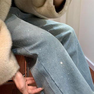 Quần jeans đính đá phong cách Mỹ dành cho nữ mùa xuân và mùa thu, quần ống rộng cạp cao dáng suông