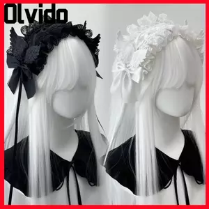 OLVIDO Lolita Wing Angel Headband, Ruy băng nơ ren Cosplay Mũ đội đầu, Gothic ngọt ngào Quấn đầu nữ