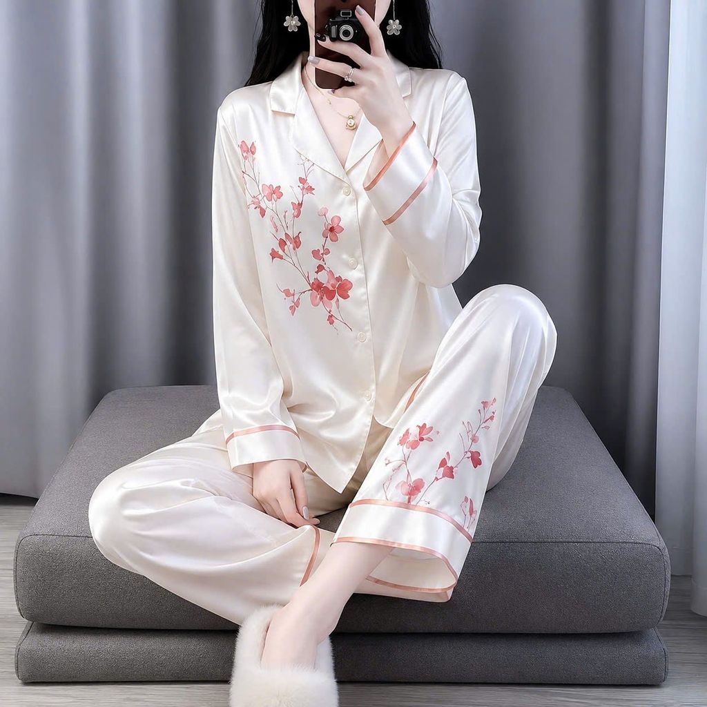 KKY Đồ Bộ Pijama Nữ Dài Màu Trơn Lụa Xước Ánh Kim Mềm Mịn Mát Pijama TT