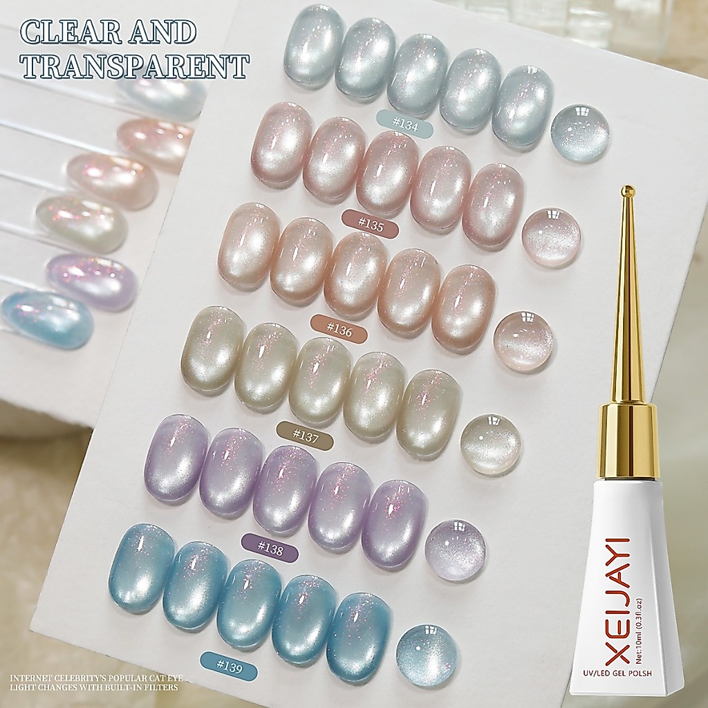 XEIJAYI 10ml - Sơn móng tay gel mắt mèo hạt thủy tinh màu hồng nhạt, bộ 6 màu, thích hợp cho các tiệm làm móng.