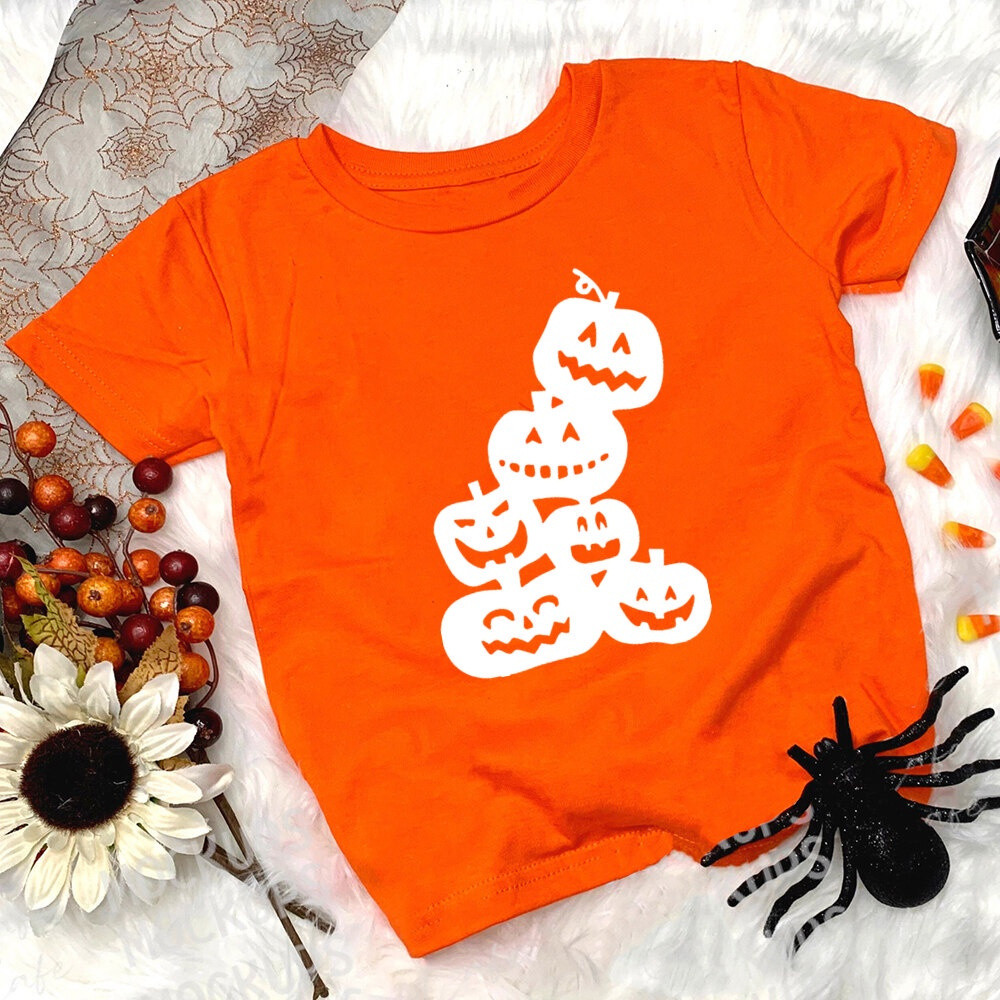 Áo thun ngắn tay in họa tiết bí ngô Halloween cho trẻ em 2-14 tuổi