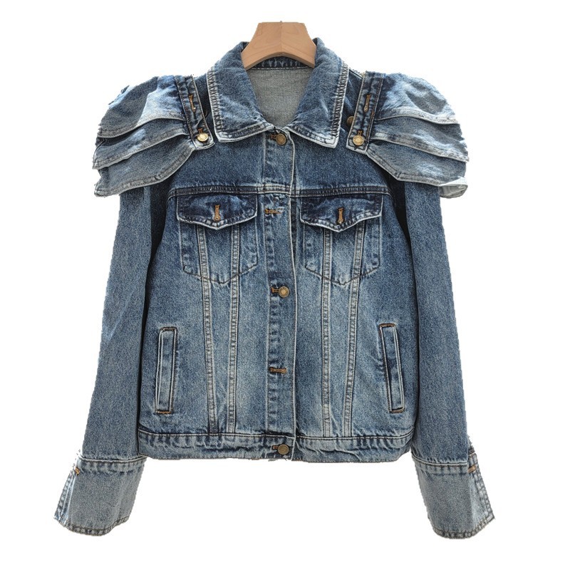 Áo khoác denim nữ retro phong cách Anh Quốc, thiết kế xếp nếp, phù hợp cho mùa mới