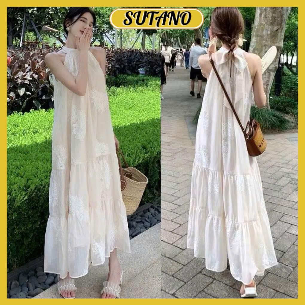 Đầm maxi đi biển chất vải voan thêu hoa, váy maxi dáng dài tiểu thư V235 SUTANO