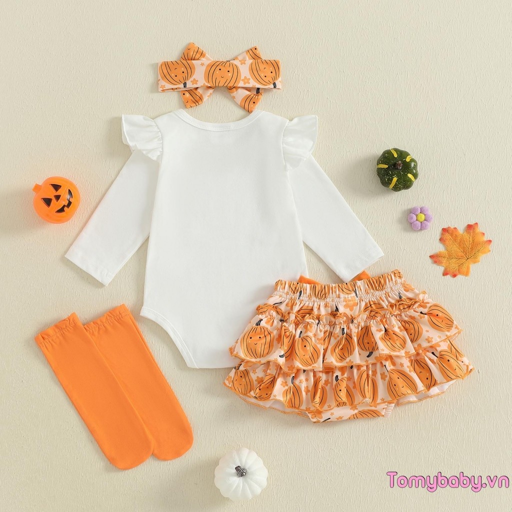Bộ trang phục Halloween cho bé gái Áo liền quần dài tay in chữ + Skort nhiều lớp + Băng đô + Tất Bộ 4 chiếc