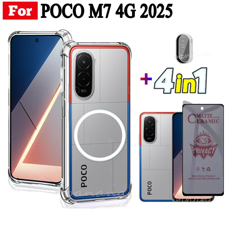 Ốp điện thoại chống sốc TPU trong suốt Xiaomi Poco M7 4G có thanh sạc không dây từ tính cho Poco C85 C75 Kính cường lực bảo mật chống gián điệp + Phim ống kính