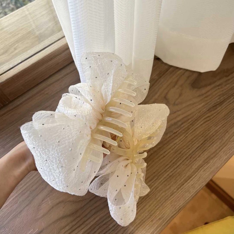 kẹp tóc nơ tiểu thư càng cua Hai Mặt Tạo Bong BóngKẹp tóc nơ voan chấm bi cặp tóc nơ size lớn 13cm búi sau