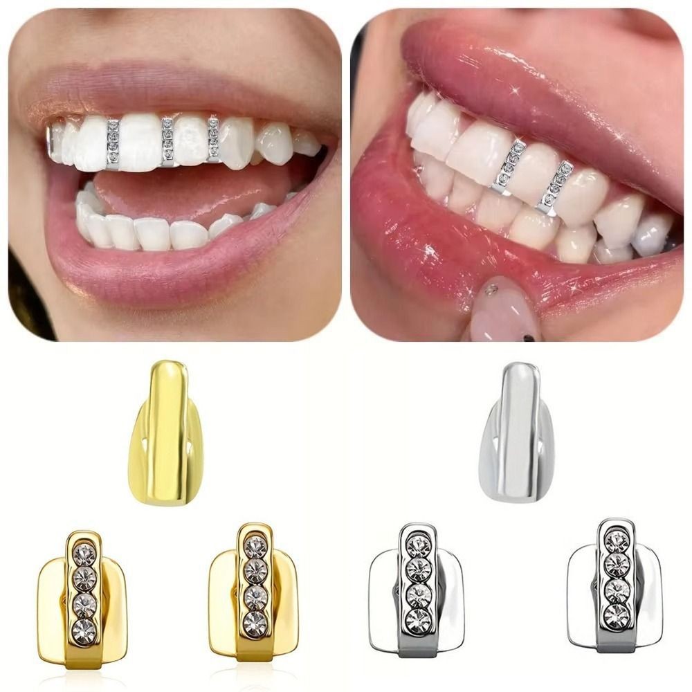 HYCEO 3 Cái Grillz, Lưới tản nhiệt răng Hip Hop bằng kim cương giả rỗng, Trang sức răng Zircon sáng bóng Tiệc Cosplay