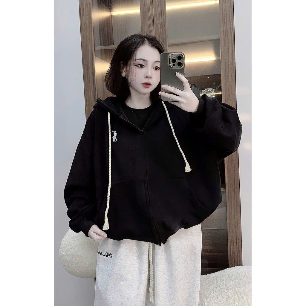 Áo khoác nỉ có khoá kéo form rộng mũ 2 lớp unisex nam nữ- hình thêu con ngựa ở ngực