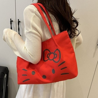 [Đến 3-5 ngày] Túi đeo vai bằng vải Canvas nữ in hình Hello Kitty, Túi Tote nhẹ dung tích lớn để đi học, Chất liệu bền bỉ Thời trang dễ thương