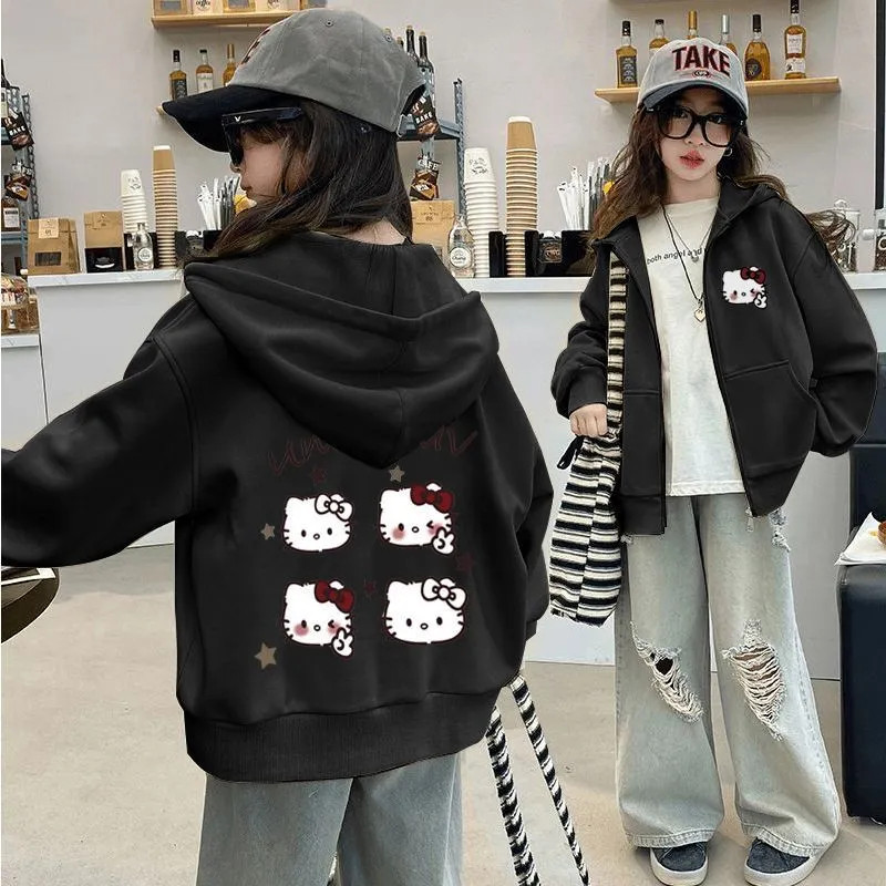 Hoạt Hình Hello Kitty Cardigan Có Mũ Trùm Đầu Mùa Xuân Thu Áo Khoác Bé Gái Thu Đông Phong Cách Mới Vừa Lớn Trẻ Em Lông Cừu Lót Dây Kéo Swe