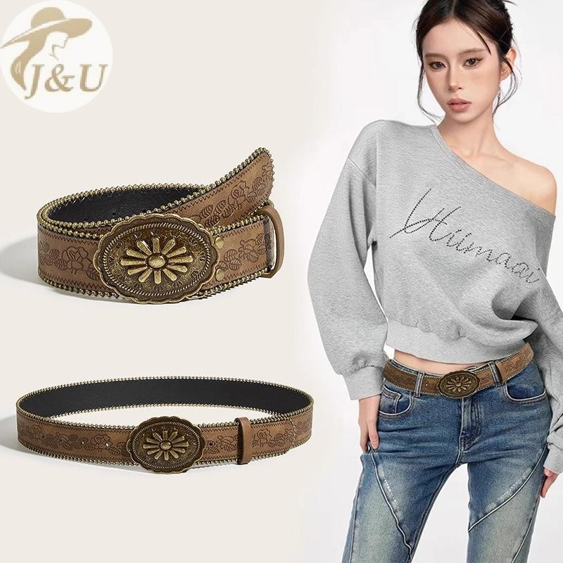 JU Thắt lưng boho rộng da nhân tạo, style vintage khắc khóa, màu nâu nổi, phù hợp với quần jean