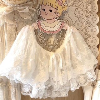 Khăn Choàng Ren Trắng Phong Cách Lolita, Hình Hoa Cardigan Ngắn Thêu Hai Lớp, Cổ Áo Giả Nhật Bản, Tiện Dụng