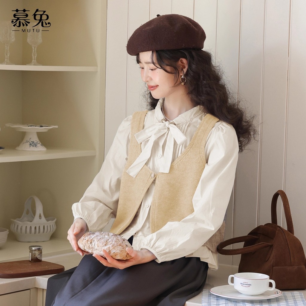 Mutu Preppy Phong Cách Nơ Dài Tay Áo Sơ Mi Nữ Mùa Xuân 2026 Phong Cách Mới Dệt Kim Áo Vest Top Hai Mảnh Bộ