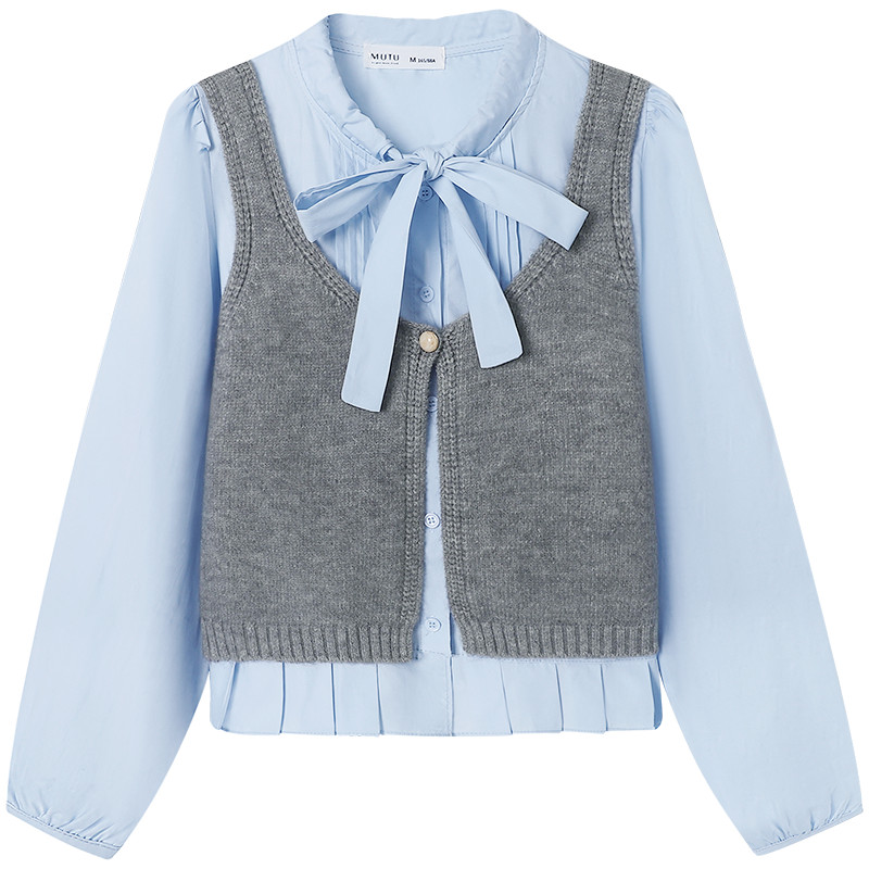Mutu Preppy Phong Cách Nơ Dài Tay Áo Sơ Mi Nữ Mùa Xuân 2026 Phong Cách Mới Dệt Kim Áo Vest Top Hai Mảnh Bộ